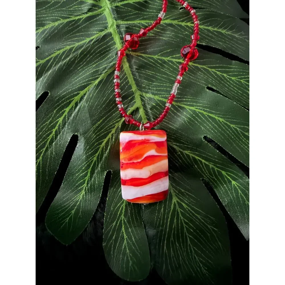 Red Orange White Swirl Art Glass Pendant Beaded Necklace Boho Y2K Statement